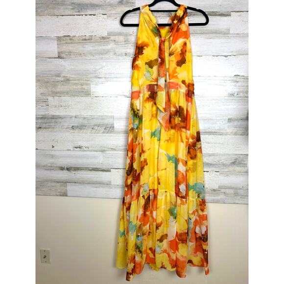 Tahari ASL Womens 10 Yellow Floral Chiffon Halter Neck Lined Tie-Back Maxi Dress - Picture 4 of 8